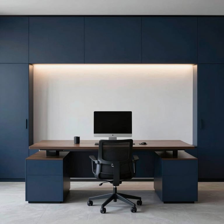 Minimalist workstation in a modern Middle Eastern / Gulf office with Dark Navy Blue accents.