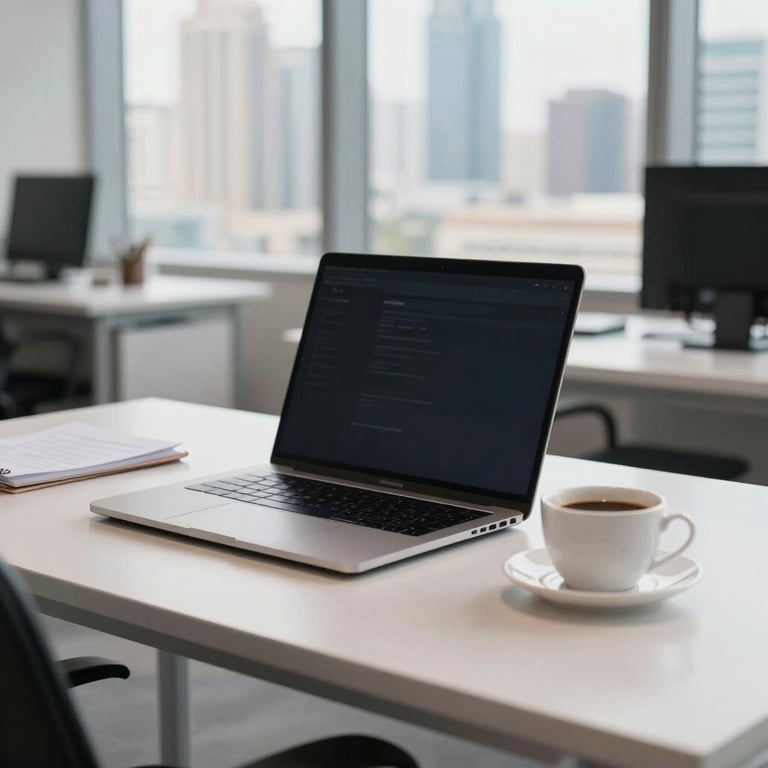 A clean desk with a laptop and a cup of coffee in a bright Gulf city office.