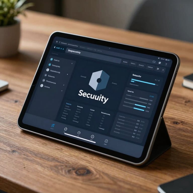 A digital tablet on a wooden desk displaying a security app dashboard with interface elements in dark blue and grey, professional home office setting.