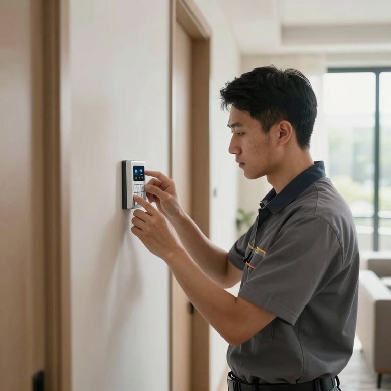 A professional technician in a neat uniform installing a smart alarm keypad in a modern hallway, soft daylight, professional service.