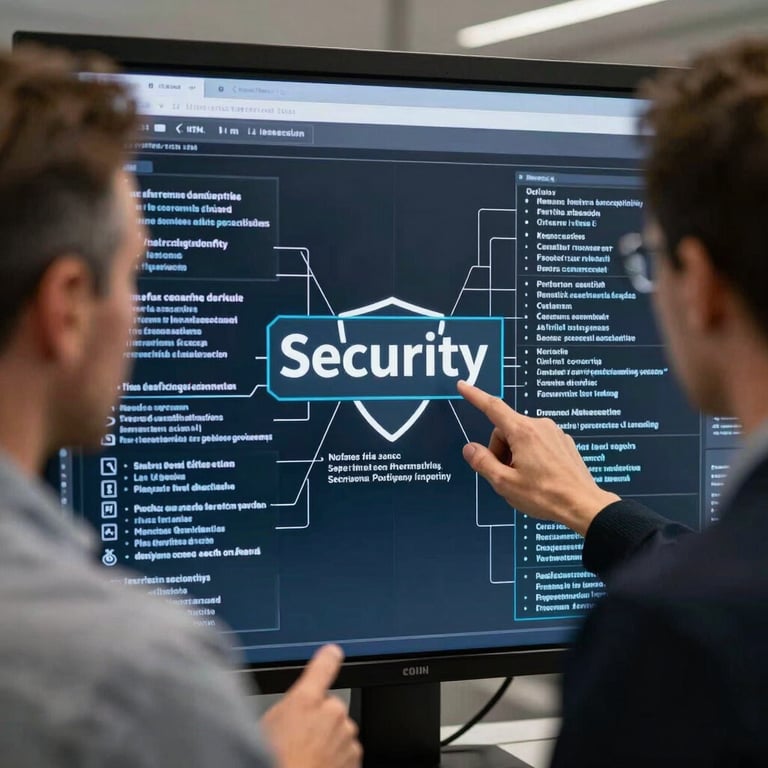 Close-up of a professional security plan on a digital screen being discussed by experts, reflecting technological sophistication.