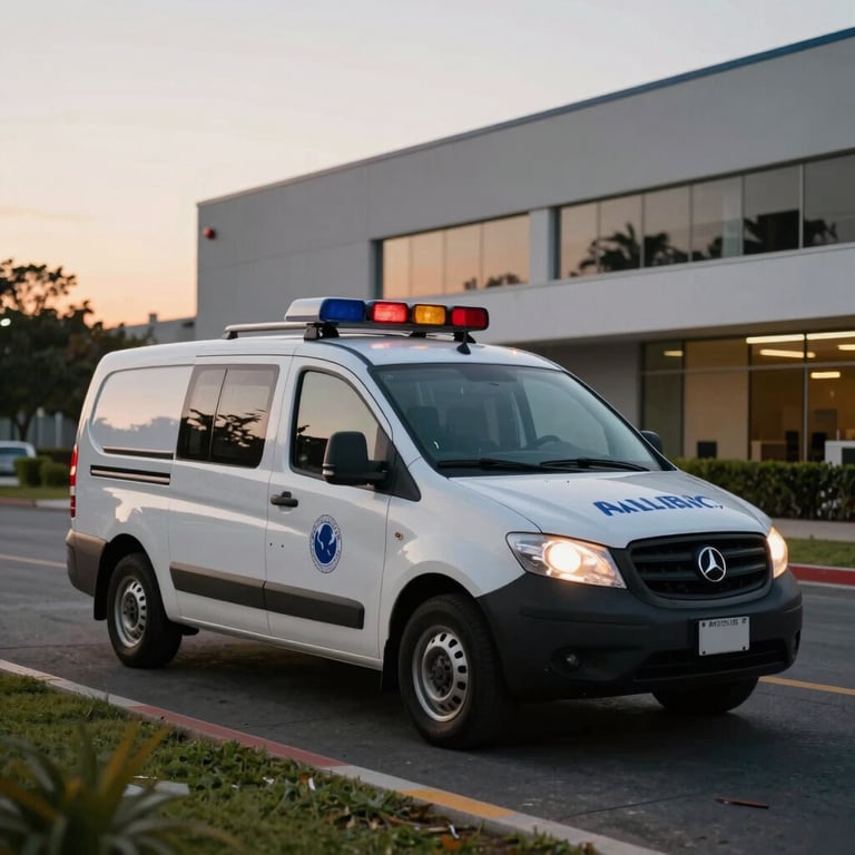 A security response vehicle parked in a well-lit professional business park in Latin America during sunset, cool evening lighting.
