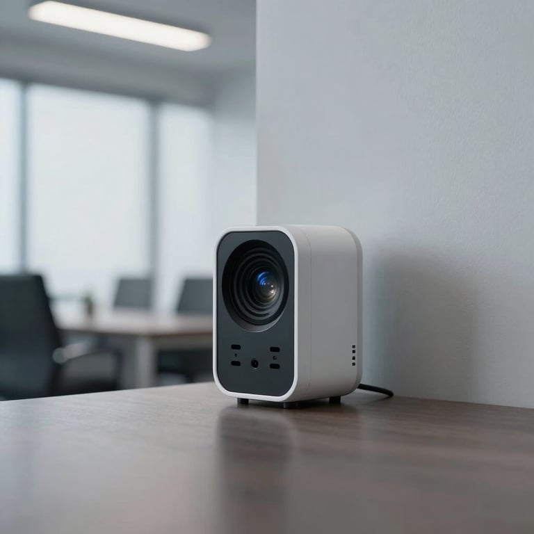 A high-tech infrared motion sensor discreetly placed in a corner of a minimalist corporate office, clean and modern aesthetic.