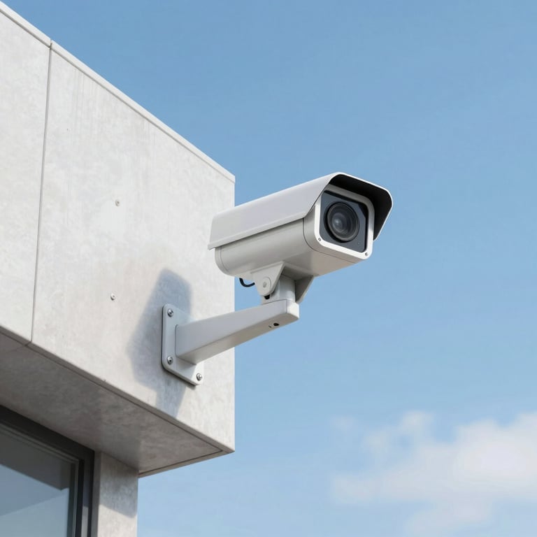 A sleek modern security camera mounted on a contemporary Latin American building facade, bright blue sky in the background, clean composition.