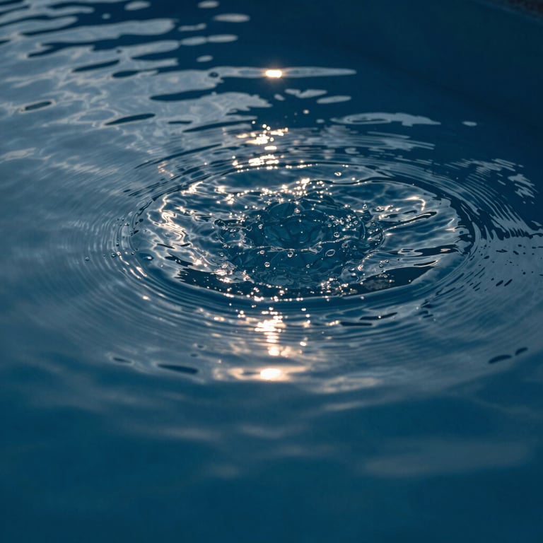 Macro shot of water ripples in a deep blue pool, reflecting the light of the mountain sun.