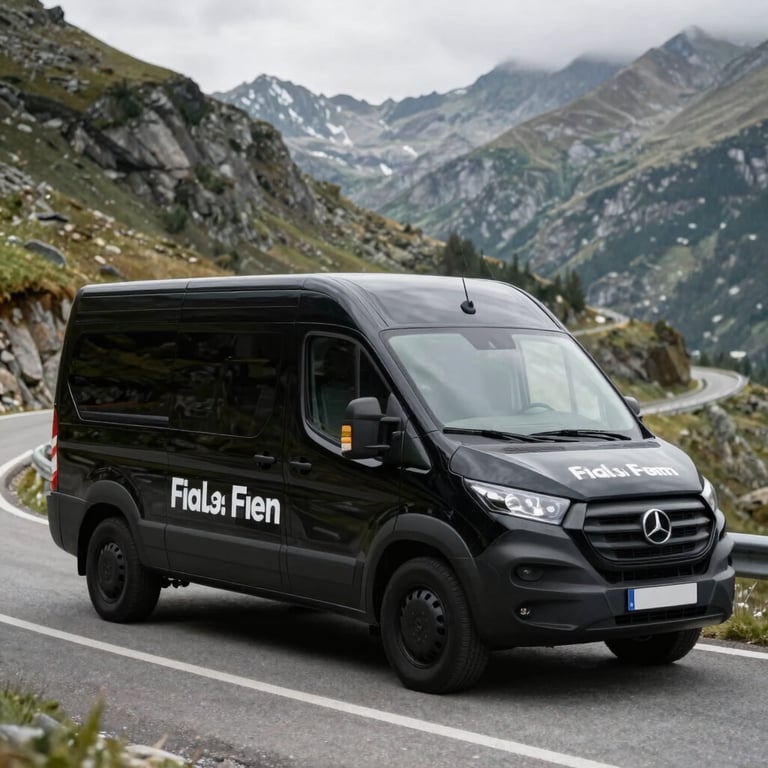A black utility vehicle with professional lettering parked on a winding mountain road in the French Alps.