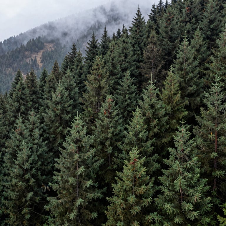 Panoramic view of a dense forest of black fir trees on a steep mountain slope under mist.