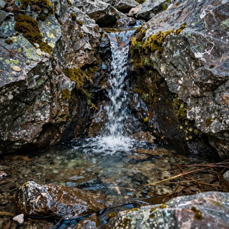 Detailed view of a clear mountain spring emerging from between rocks and moss.