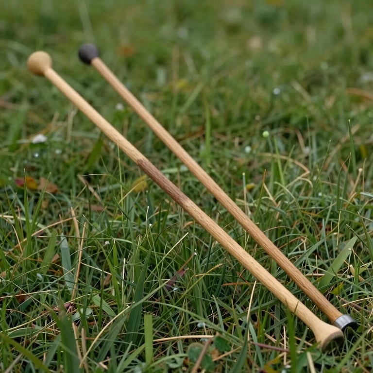 A pair of professional dowsing rods being used by a specialist in a lush green meadow.