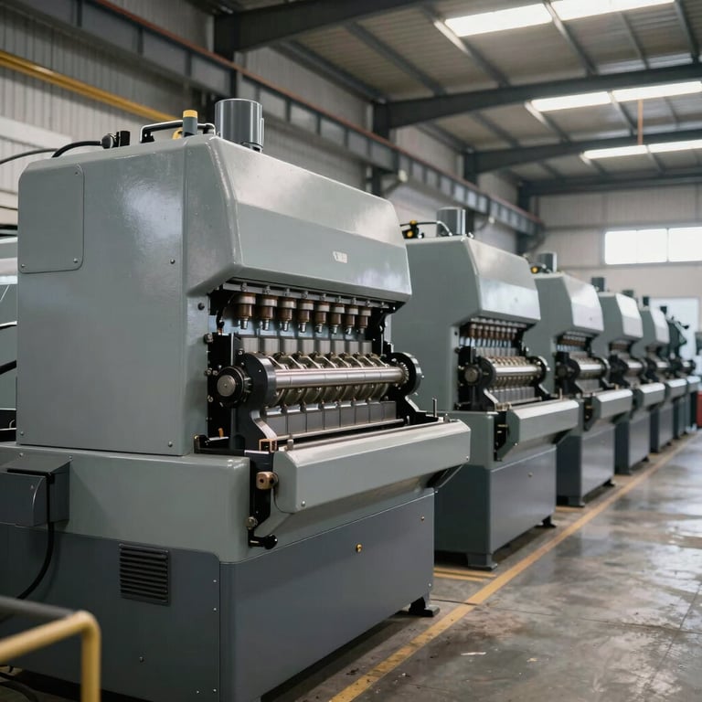 A row of modern milling machines in a spacious South American / Brazilian industrial plant, bright clean lighting, Steel Gray machinery.