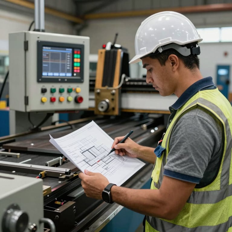 An engineer checking a technical blueprint next to a CNC control panel in a South American / Brazilian metalworking shop.