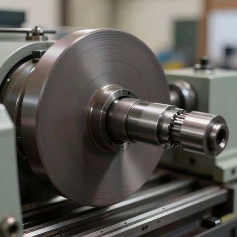 Detail shot of a industrial lathe spindle rotating at high speed, precision engineering in a South American / Brazilian workshop.