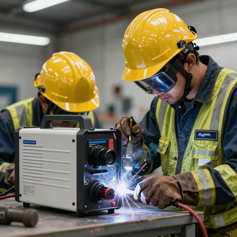 A welding station with modern inverter equipment and safety gear, clean and professional South American / Brazilian workspace.