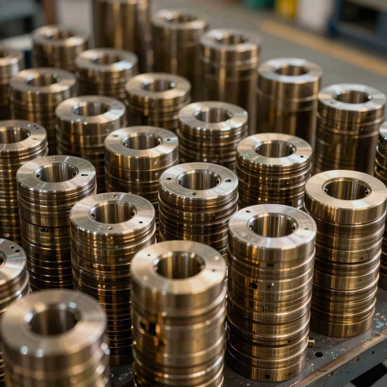 Stacks of high-quality finished metal components, organized and ready for shipment, South American / Brazilian factory floor, Golden Tan lighting.