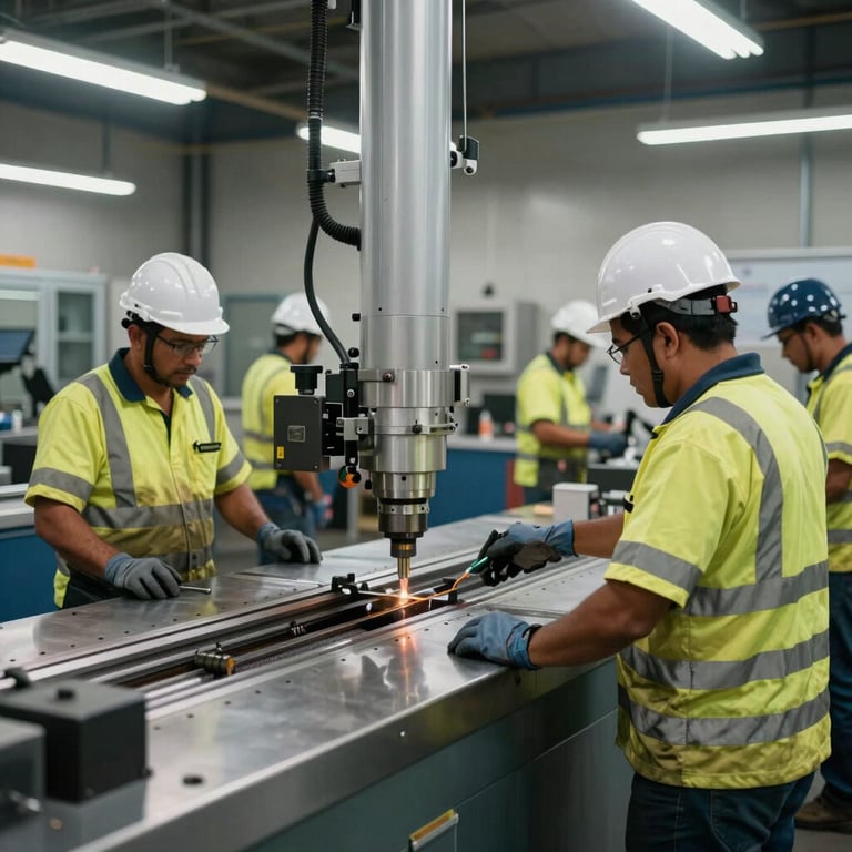 Wide shot of a professional South American / Brazilian machining floor with workers in safety gear, efficient and modern atmosphere.