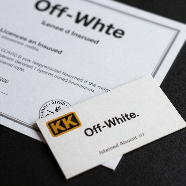 A detail shot of a licensed and insured certificate and professional business card on an Off-White surface.