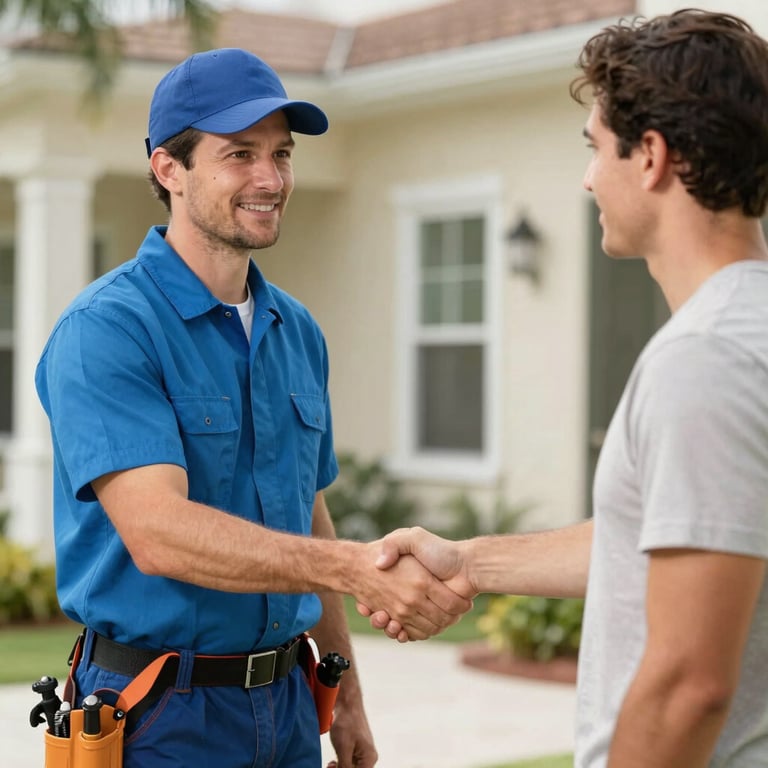A professional plumber in a Sky Blue shirt shaking hands with a satisfied homeowner in a North American / US - Florida residence.
