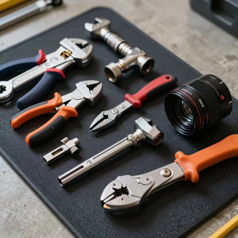 A set of clean, professional plumbing tools laid out on a Dark Navy mat during a service call.
