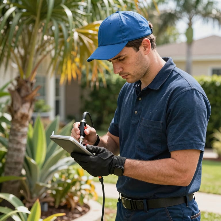 A professional plumbing technician using a leak detection device in a bright Ocala yard with tropical foliage.