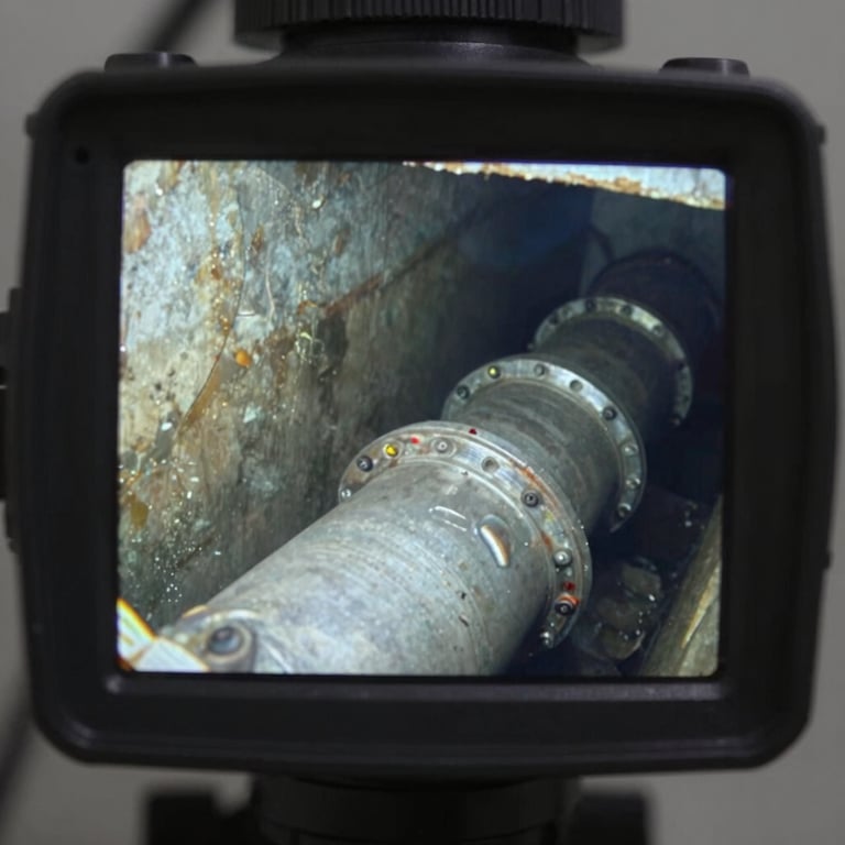 A close-up of a high-definition sewer camera display showing a clean, repaired pipe section.
