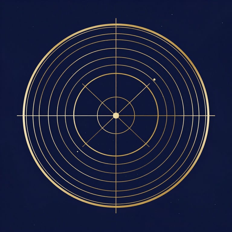 Minimalist vector diagram of astronomical coordinate lines, golden concentric rings on a deep navy background, precise mathematical layout.