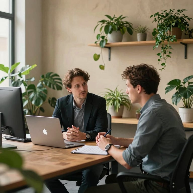 Two professionals in a modern Scandinavian office discussing strategy, the room is decorated with forest green plants and parchment-colored walls.