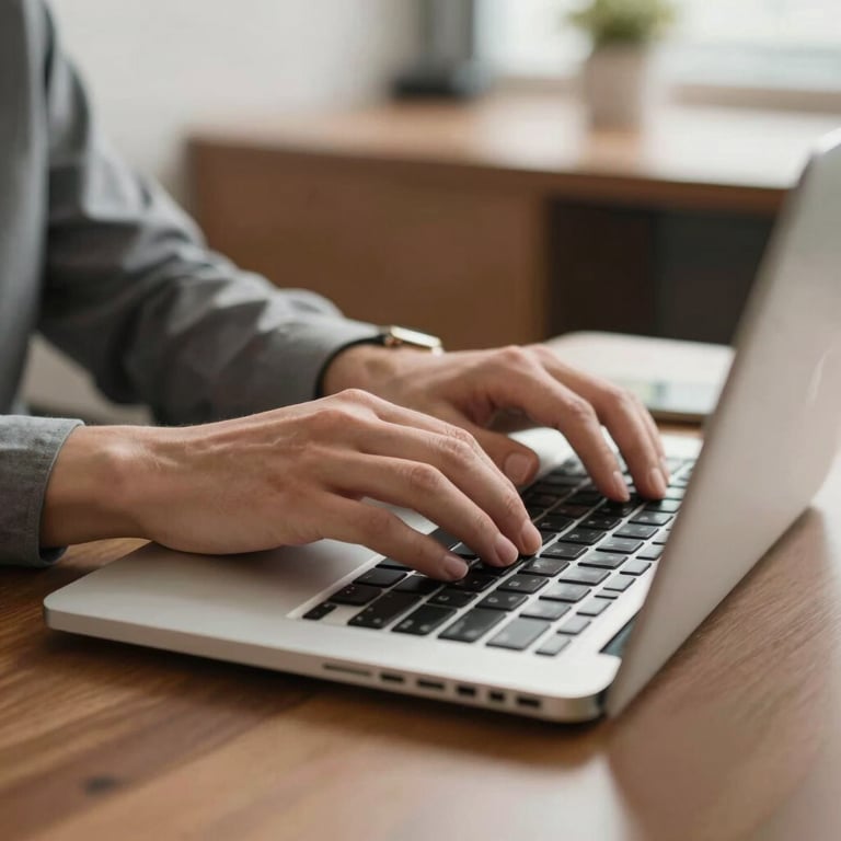 Close-up of a professional's hands typing on a laptop in a bright, clean office with tobacco brown furniture.