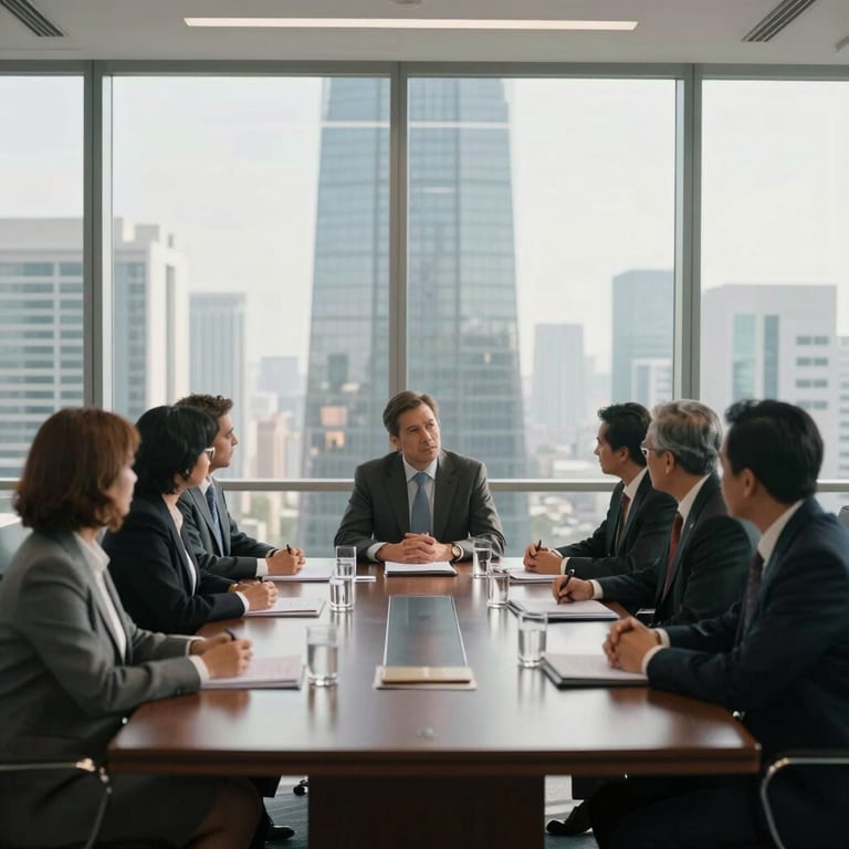 A high-level management meeting in a glass-walled conference room in a North American / Mexican skyscraper, soft morning light.