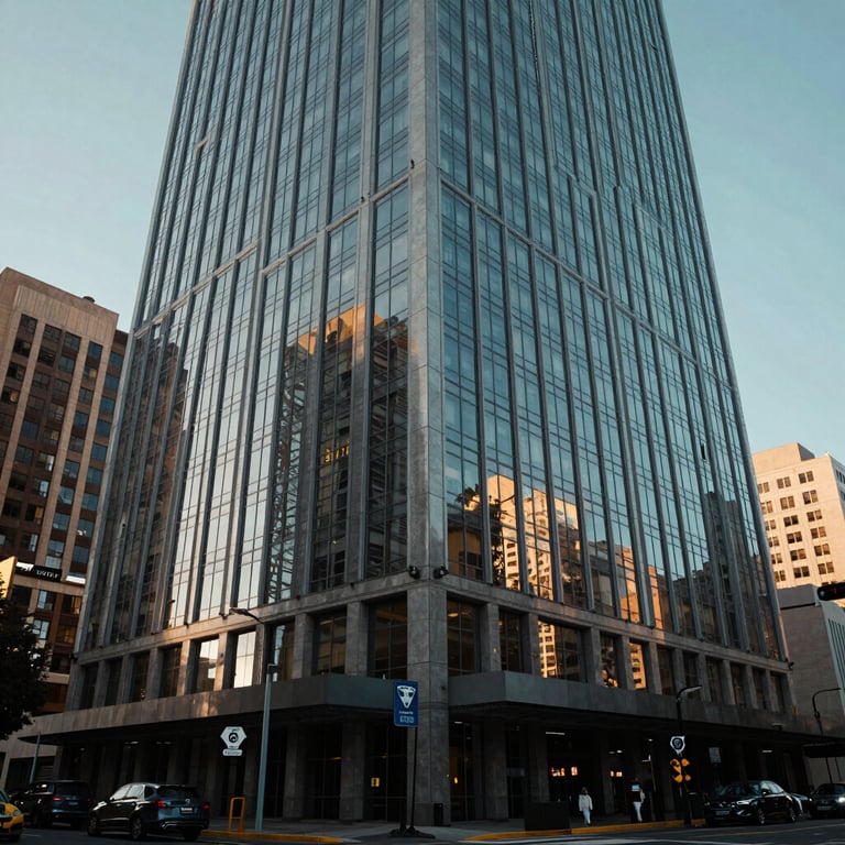 A wide shot of a world-class corporate building in a North American / Mexican city, reflecting a professional and strategic brand image.