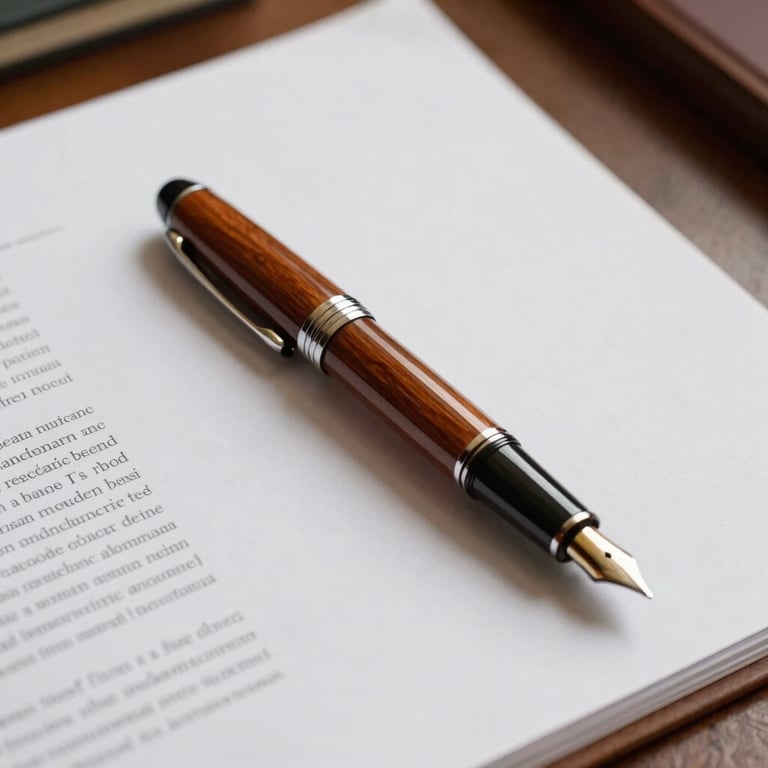 A close-up of a high-end fountain pen on financial documents in a North American / Mexican law firm setting, with warm tobacco brown lighting.