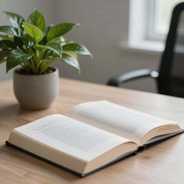 Minimalist office decor featuring a book on tax strategy and a green plant, symbolizing growth and professional guidance.