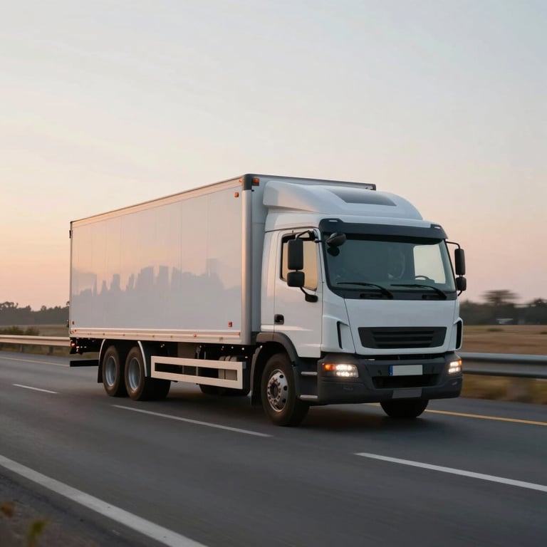 A sleek delivery truck driving on a modern highway at sunrise, representing fast logistics and reliability. Professional, clean composition.
