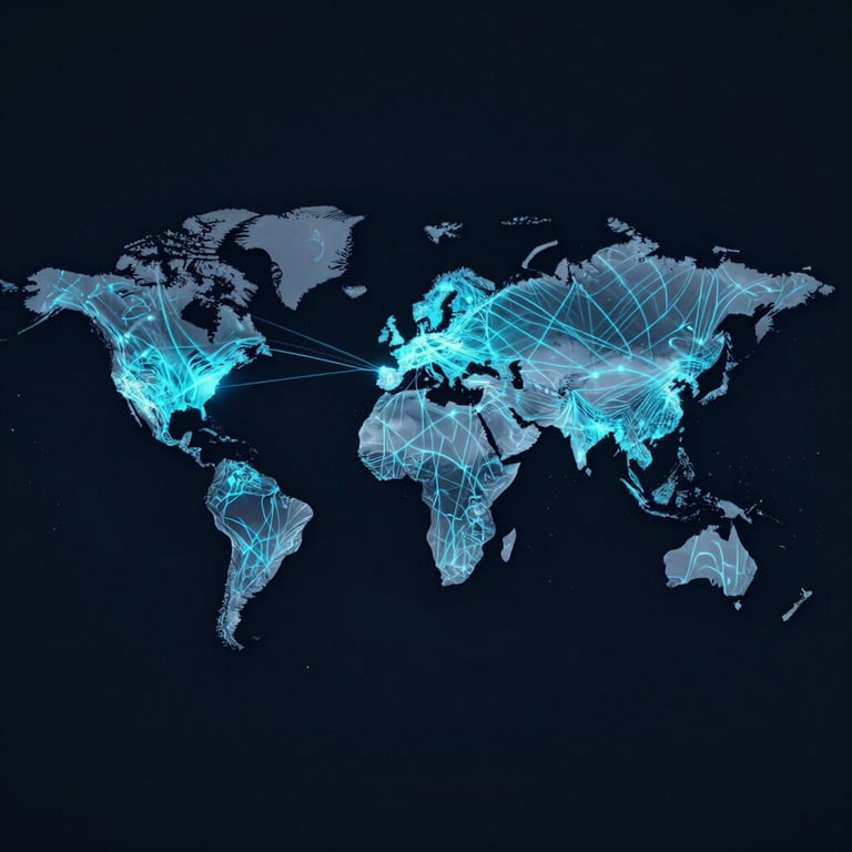A global map with digital supply chain lines glowing in #AABCCF blue over a dark #1A202C background, symbolizing global reach.