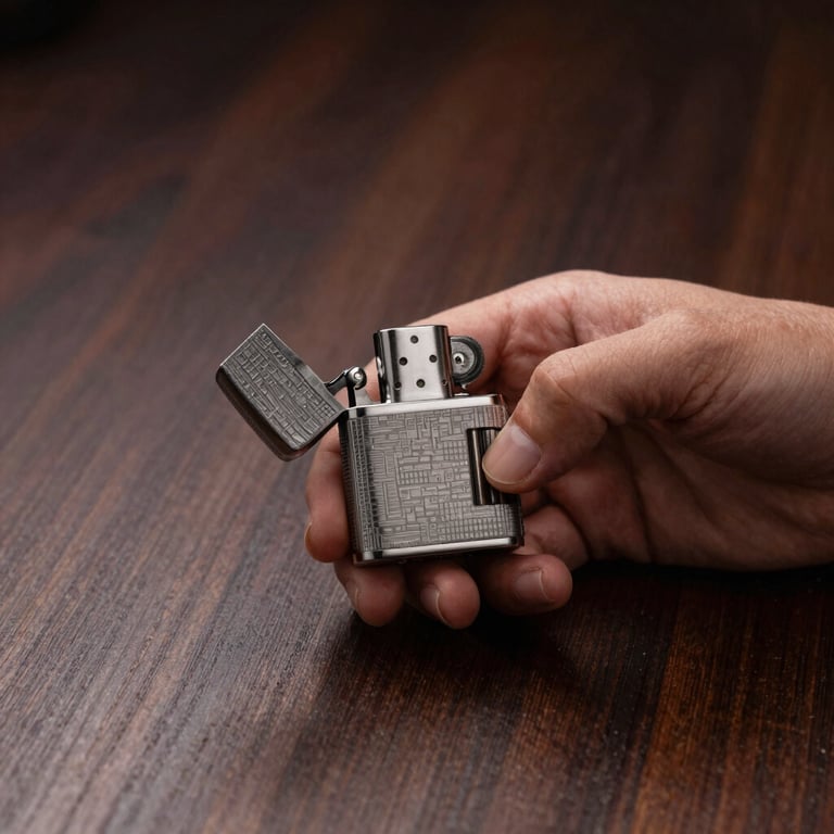 A hand holding a luxury lighter over a dark wooden table, refined atmosphere, deep brown and burgundy tones.