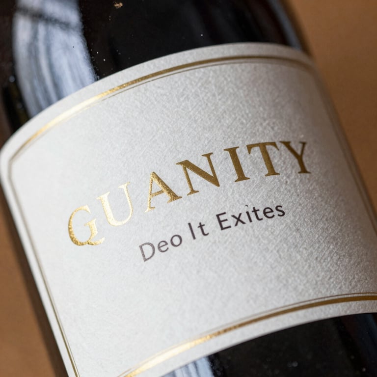 Close-up of a premium wine label with gold lettering, reflecting quality and expertise.
