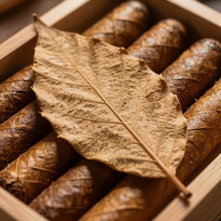 Macro shot of textured cigar leaves in a premium humidor, South American craftsmanship, warm gold lighting.