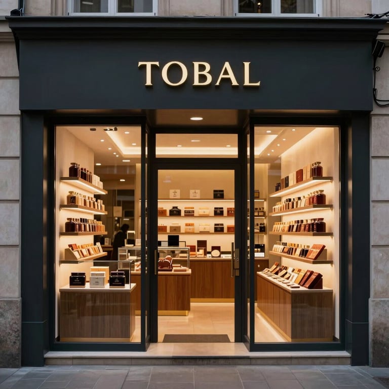Atmospheric shot of a minimalist high-end tobacco shop storefront at dusk with warm interior lighting.