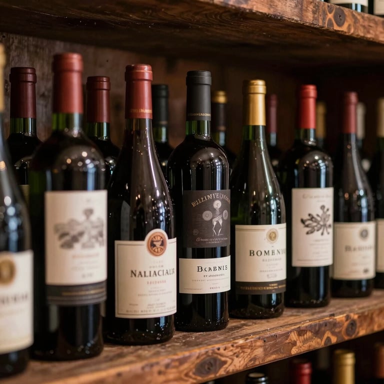 A sophisticated display of rare wine bottles in a dimly lit Brazilian cellar, traditional and elegant.