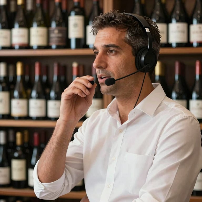 A professional South American sommelier speaking into a headset, blurred background of wine racks.