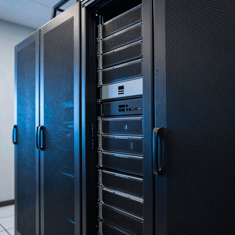 A sleek, modern North American / US server room with soft blue lighting reflecting innovation.