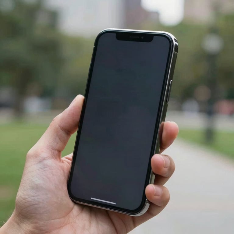 Close-up of a high-performance smartphone screen being held by a user in a North American / US urban park.