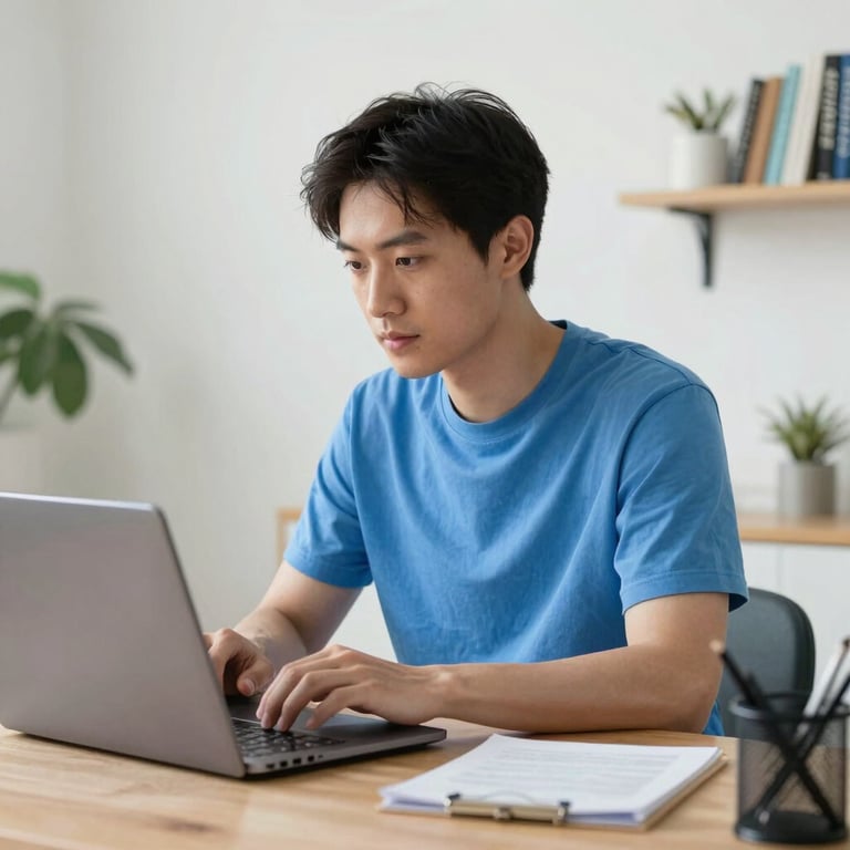 A professional working on a laptop in a bright Alice Blue North American / US home office setting.