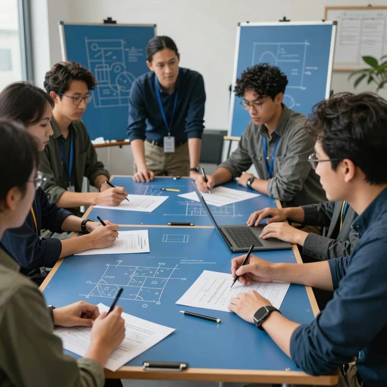 A group of creative professionals in a North American / US brainstorming session with steel blue drawing boards.