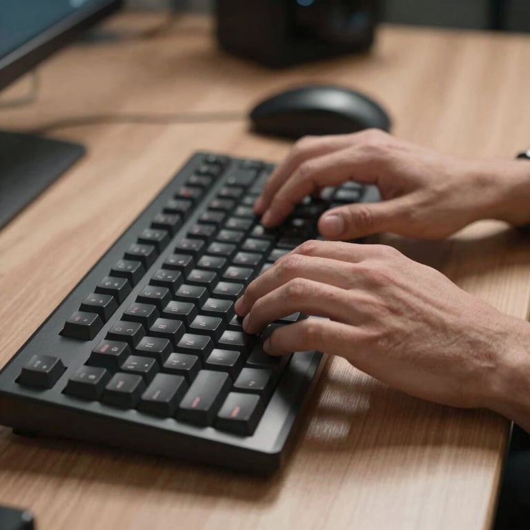 Hands of a developer typing on a mechanical keyboard in a professional North American / US studio.