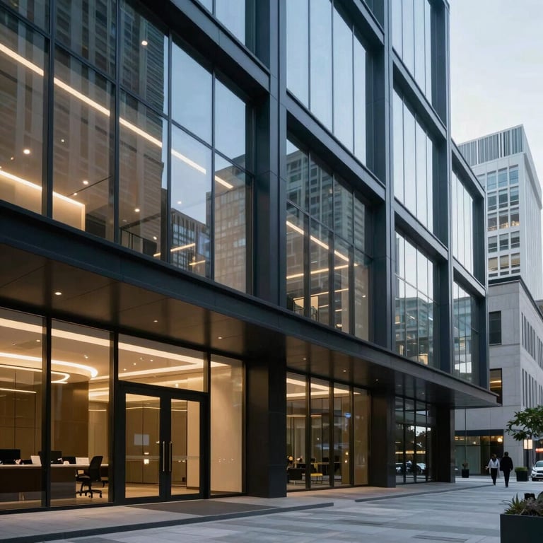 A modern office lobby in a North American / US city featuring sophisticated glass architecture and dark navy accents.