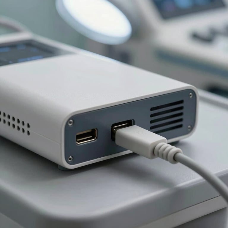 Close-up of a portable ultrasound device's side panel showing a USB-C power connector, ventilation slots, and a cable strain-relief clip on a grey clinical surface, clinical overhead lighting, sharp technical detail, no hands