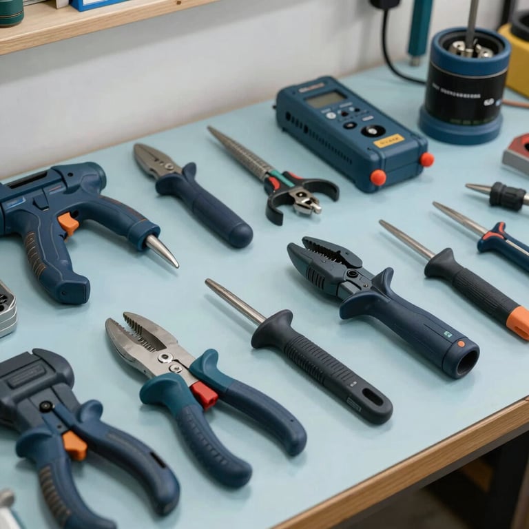 Professional electrical tools neatly organized on a workbench in a Middle Eastern / Turkish workshop, featuring a dark navy and soft sky blue color palette.
