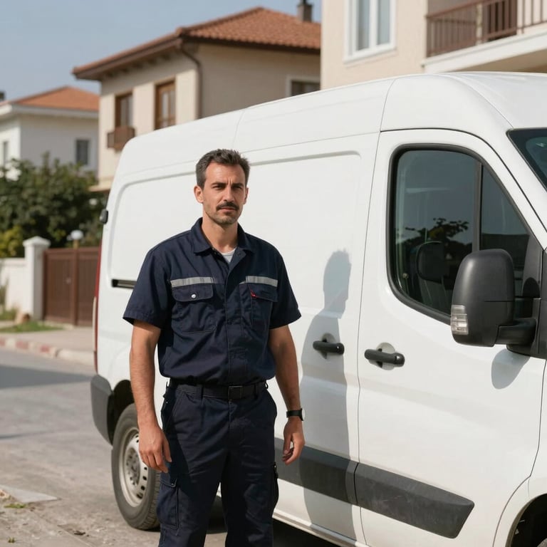 A service technician in a dark navy uniform standing beside a clean white service van in a bright Middle Eastern / Turkish residential neighborhood.