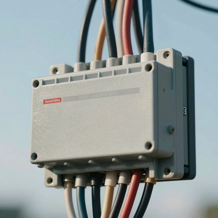 Detail of a professionally wired fuse box with perfectly aligned cables in a soft sky blue and light gray environment.