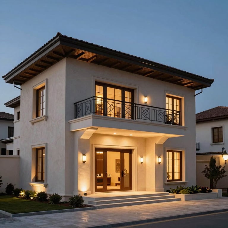Modern exterior lighting design on a stylish Middle Eastern / Turkish villa at twilight, showcasing safety and aesthetics.